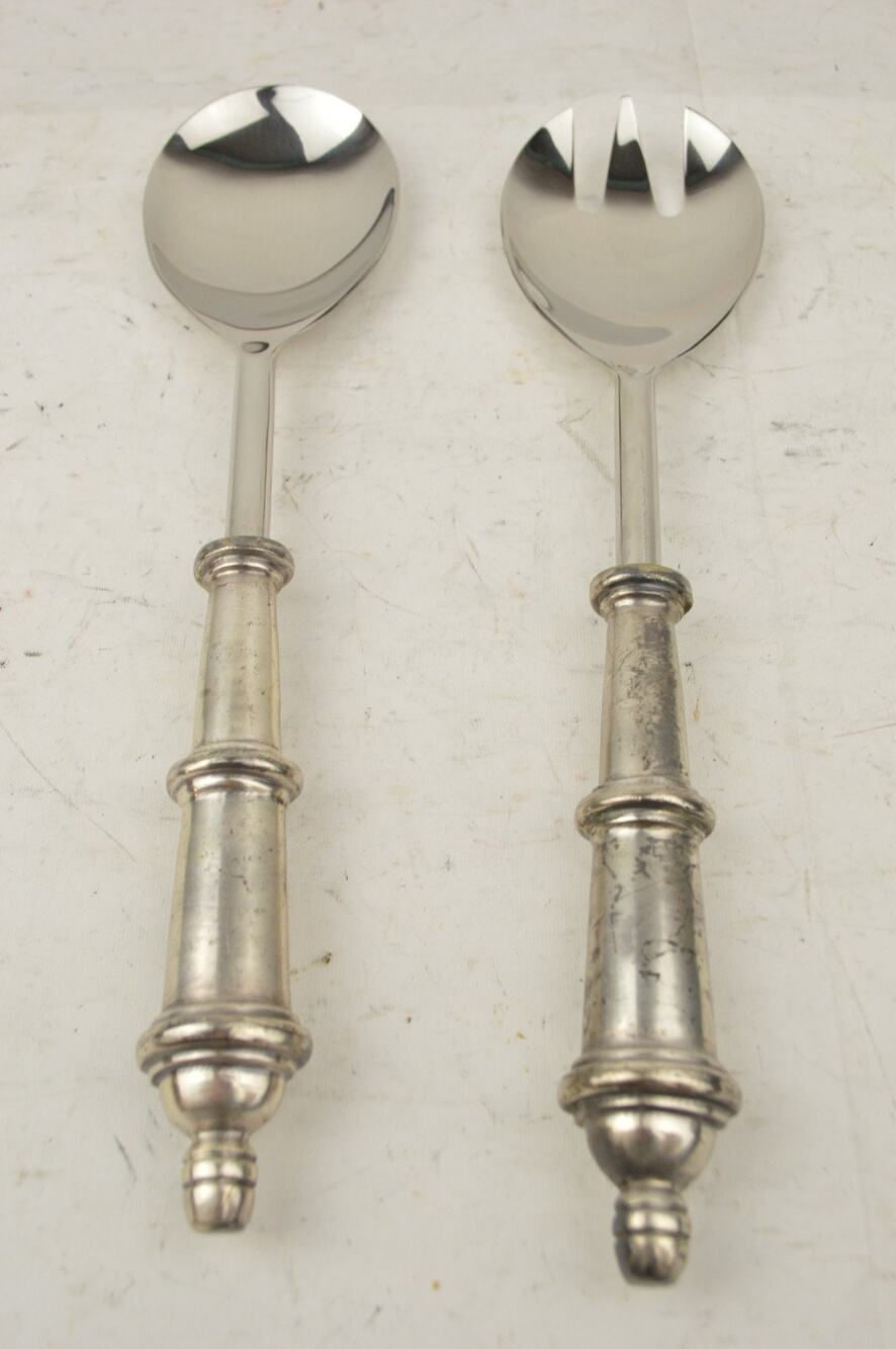 Vintage Silver Tone Salad Serving Spoon Fork Set Ornate Handles Made in India